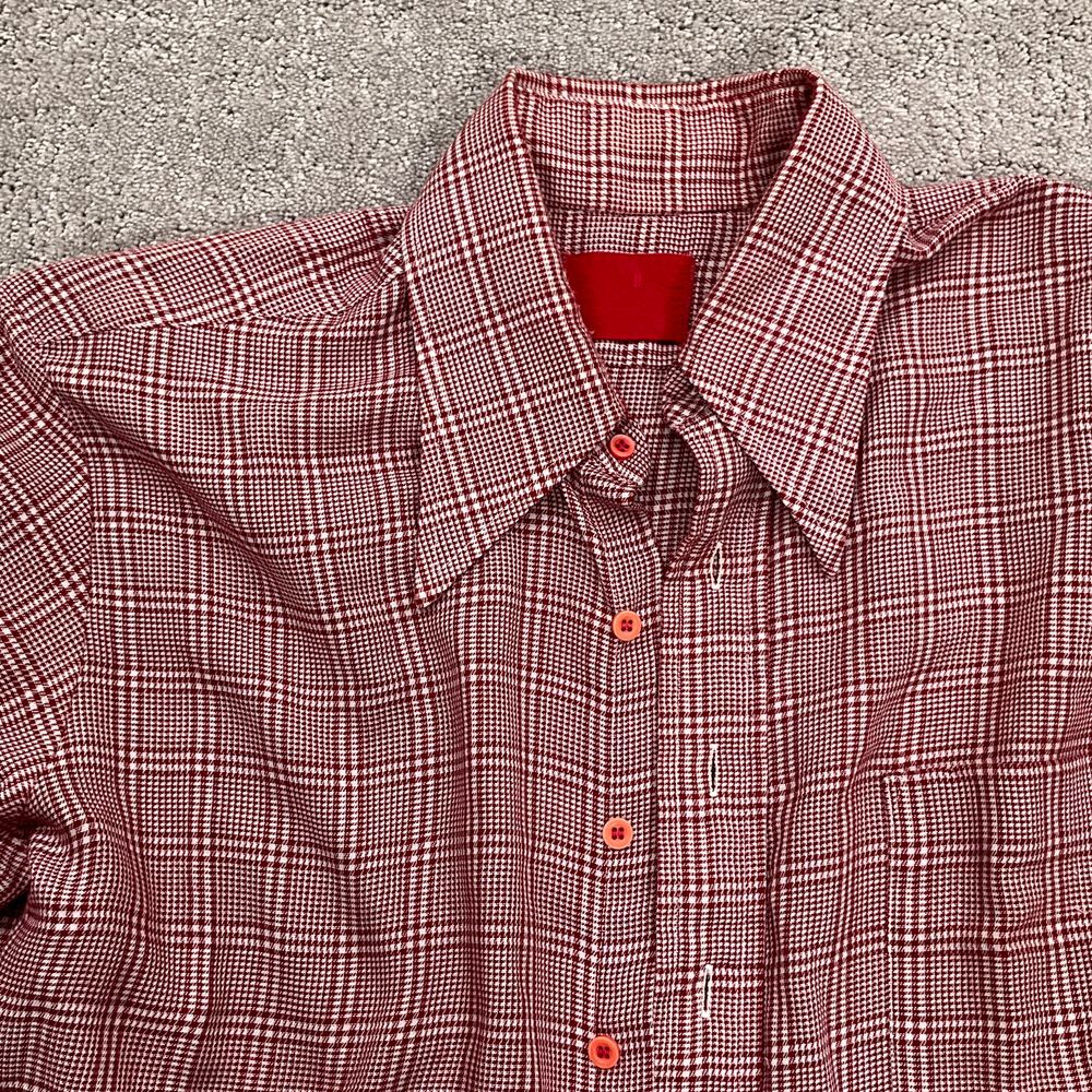 Vintage Shirt Men M/L Red White Houndstoth Plaid‎ Dagger Collar Classic 70s
